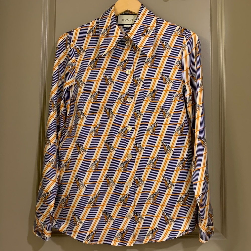 Gucci Silk Heritage Giraffe Twill Long Sleeve Button Up Blouse Italy Size 40 - Picture 9 of 16
